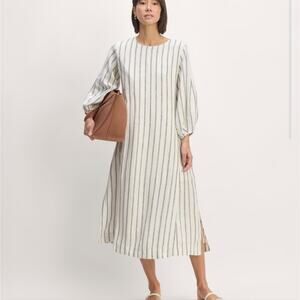NEW Everlane The Linen A-Line Midi Dress Cream with Navy Blue Stripes
